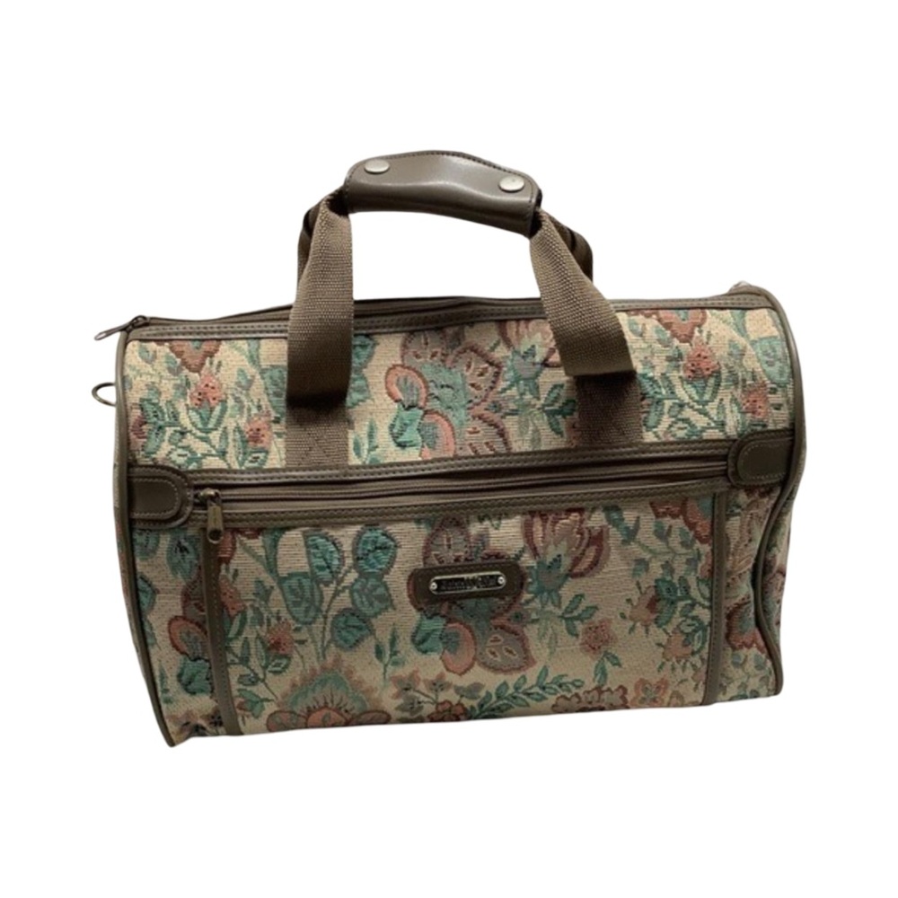 John Weitz Super Satchel Carry-On luggage has floral tapestry pattern. Preloved